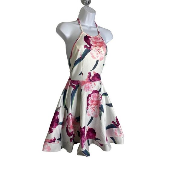 January 7 Womens Fit Flare Dress White Pink Floral Sleeveless Halter Neck S New - Picture 4 of 6
